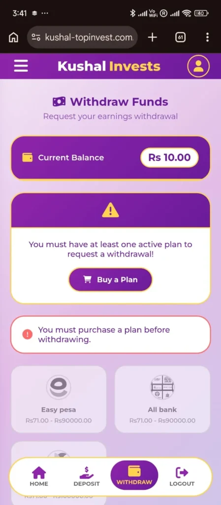 Kushal Invest withdraw